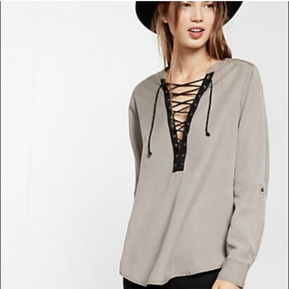 Express Gray Lace-Up Top
